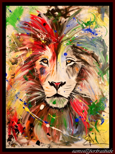 Painting titled "Lion peinture" by Samos17 Portraitiste, Original Artwork, Acrylic Mounted on Wood Stretcher frame