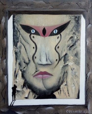 Painting titled "Le masque" by Samuel Colliard, Original Artwork, Oil Mounted on Wood Stretcher frame