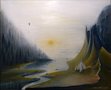 Painting titled "Brume matinale" by Samuel Colliard, Original Artwork, Oil Mounted on Wood Stretcher frame