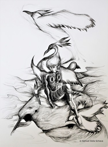 Dessin intitulée "Oiseaux / Birds" par Samuel Della Schiava, Œuvre d'art originale, Encre