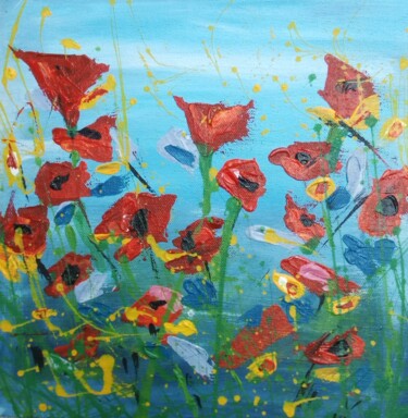 Painting titled "Joyful poppies" by Samuel Kizza, Original Artwork, Acrylic