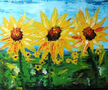 Painting titled "Blooming sunflowers" by Samuel Kizza, Original Artwork, Acrylic