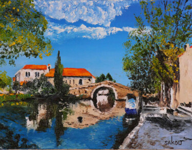 Painting titled "Port sur le Canal d…" by Samuel Kouyoumdjian, Original Artwork, Oil Mounted on Wood Stretcher frame