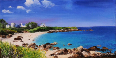 Painting titled "Petite plage breton…" by Samuel Kouyoumdjian, Original Artwork, Oil Mounted on Wood Stretcher frame