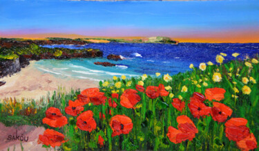 Painting titled "Coquelicots sur le…" by Samuel Kouyoumdjian, Original Artwork, Oil Mounted on Wood Stretcher frame