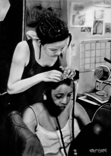Tekening getiteld "'Hair dresser'" door Samuel Momoh (Artsam), Origineel Kunstwerk, Houtskool