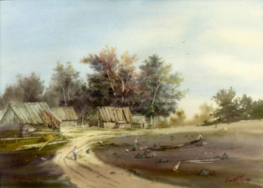 Painting titled "Village landscape" by Samvel Galstyan, Original Artwork, Watercolor