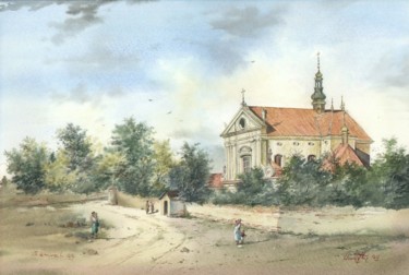 Painting titled "Church in Warszawa" by Samvel Galstyan, Original Artwork, Watercolor