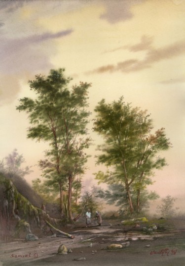 Pittura intitolato "Landscape in the en…" da Samvel Galstyan, Opera d'arte originale, Acquarello