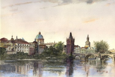 Painting titled "Praha,Charles bridge" by Samvel Galstyan, Original Artwork, Watercolor