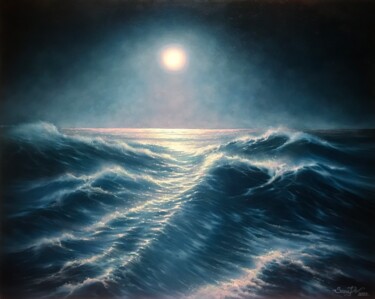 Painting titled "Moonligh seascape" by Sanade, Original Artwork, Oil