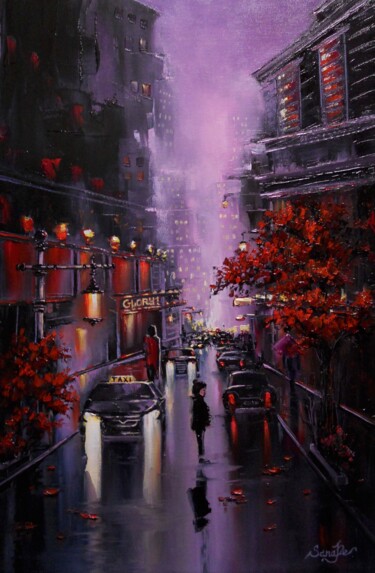 Painting titled "Night Urban Citysca…" by Sanade, Original Artwork, Oil