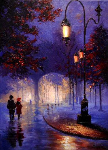 Malerei mit dem Titel "City Walk: Rainy Ev…" von Sanade, Original-Kunstwerk, Öl