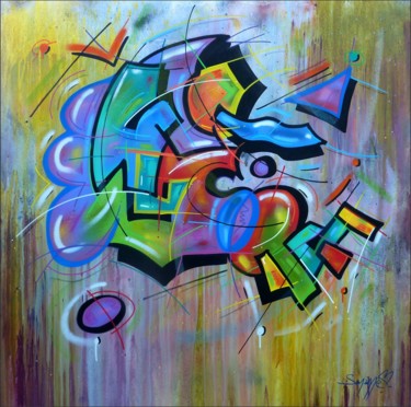 Painting titled "La Musique" by Saname, Original Artwork, Spray paint Mounted on Wood Stretcher frame