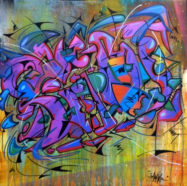 Painting titled "Tag n°214" by Saname, Original Artwork, Spray paint Mounted on Wood Stretcher frame