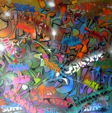 Schilderij getiteld "Muti tags" door Saname, Origineel Kunstwerk, Graffiti Gemonteerd op Frame voor houten brancard