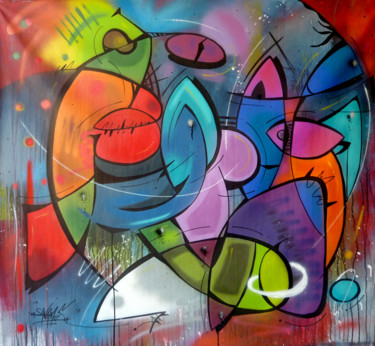 Malarstwo zatytułowany „Fish 9” autorstwa Saname, Oryginalna praca, Farba w spray'u Zamontowany na Drewniana rama noszy