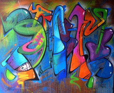 Schilderij getiteld "Tag n°2118" door Saname, Origineel Kunstwerk, Graffiti Gemonteerd op Frame voor houten brancard