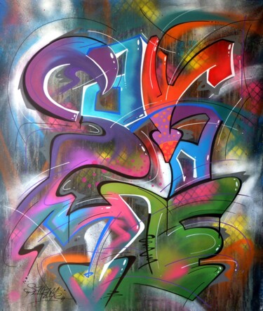 Schilderij getiteld "Tag n°2124" door Saname, Origineel Kunstwerk, Graffiti Gemonteerd op Frame voor houten brancard