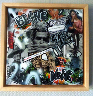 Painting titled "Blanc et noir" by Saname, Original Artwork, Collages Mounted on Wood Stretcher frame