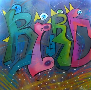 Painting titled "Bird" by Saname, Original Artwork, Spray paint Mounted on Wood Stretcher frame