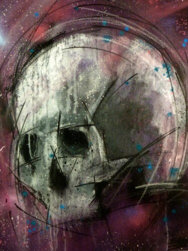 Painting titled "Crâne n°2204" by Saname, Original Artwork, Spray paint Mounted on Wood Stretcher frame