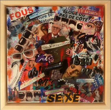 Collages titled "Avancez masqués" by Saname, Original Artwork, Collages Mounted on Wood Stretcher frame