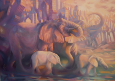 Pintura intitulada ""Urban Elephants"" por Sana Zee, Obras de arte originais, Óleo