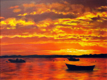 Malarstwo zatytułowany „Fiery sunset” autorstwa Sand, Oryginalna praca, Olej Zamontowany na Drewniana rama noszy