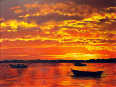 Painting titled "Fiery sunset" by Sand, Original Artwork, Oil Mounted on Wood Stretcher frame