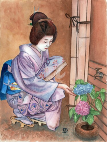 Painting titled "washi-ajisai" by Sanderochefort, Original Artwork, Gouache