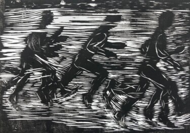 Gravures & estampes intitulée "L’homme qui court" par Sandra Bédu, Œuvre d'art originale, Linogravures