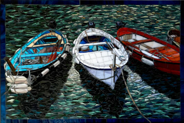 Painting titled "Boats of Vernazza" by Sandra Bryant, Original Artwork, Mosaic Mounted on Other rigid panel