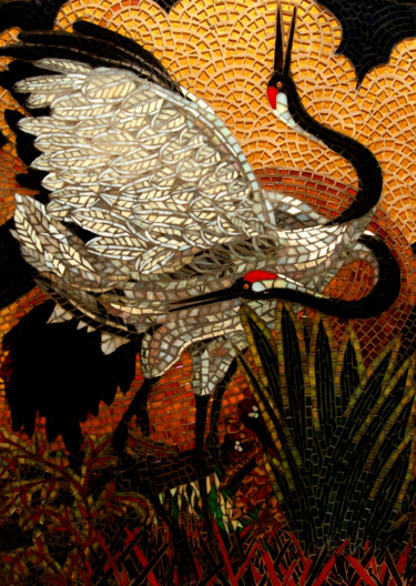 Painting titled "Red Crowned Cranes" by Sandra Bryant, Original Artwork, Mosaic Mounted on Other rigid panel