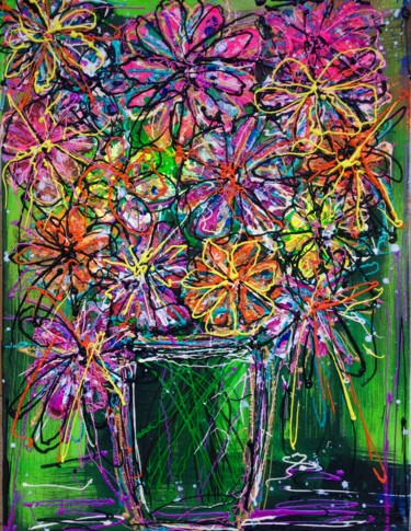 Painting titled "bouquet de fleurs 2" by Sandra Cremonese, Original Artwork, Acrylic