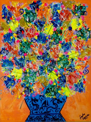 Painting titled "Bouquet de fleurs" by Sandra Cremonese, Original Artwork, Acrylic