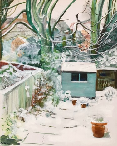 Malerei mit dem Titel "Winter Shed" von Sandra Haney, Original-Kunstwerk, Acryl