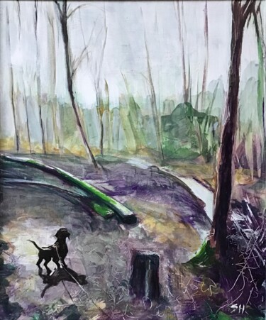 Painting titled "Dog Walk with Felle…" by Sandra Haney, Original Artwork, Acrylic