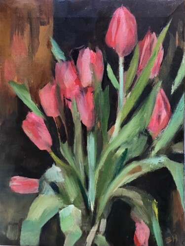 Schilderij getiteld "Red Tulips" door Sandra Haney, Origineel Kunstwerk, Olie Gemonteerd op Frame voor houten brancard