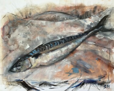 Painting titled "Mackerel" by Sandra Haney, Original Artwork, Oil Mounted on Cardboard