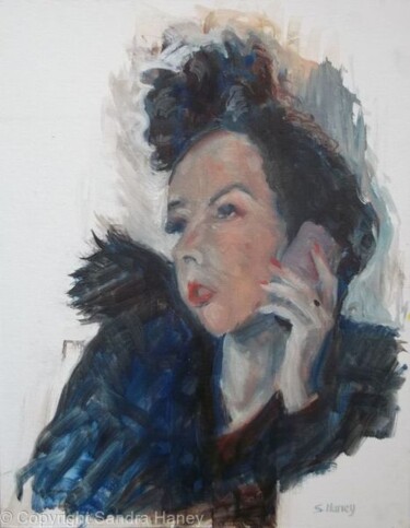 Painting titled "On The Phone" by Sandra Haney, Original Artwork, Oil Mounted on Other rigid panel