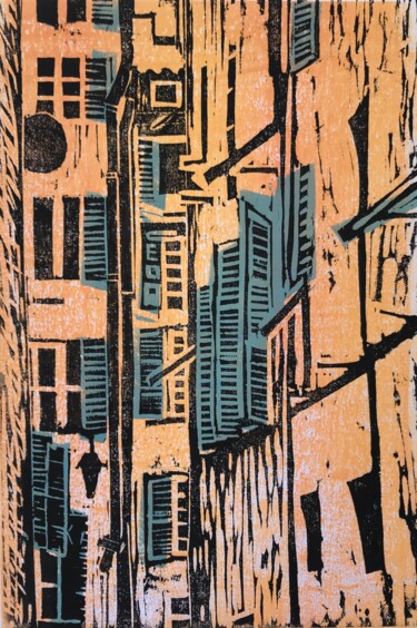 Printmaking titled "Apartment Buildings…" by Sandra Haney, Original Artwork, Linocuts