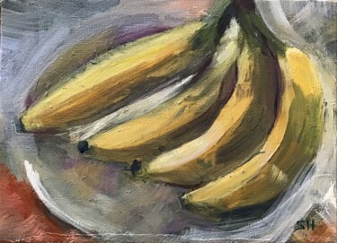 Painting titled "Bananas" by Sandra Haney, Original Artwork, Oil Mounted on Wood Stretcher frame