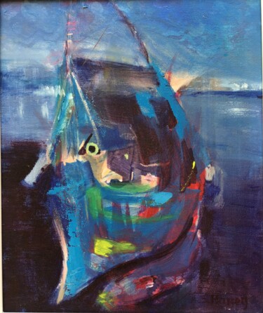 Painting titled "Blue Boat 2" by Sandra Haney, Original Artwork, Oil Mounted on Other rigid panel