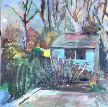 Painting titled "Spring Shed" by Sandra Haney, Original Artwork, Oil Mounted on Wood Panel