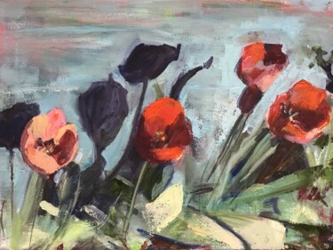 Painting titled "Tulips and Shadows" by Sandra Haney, Original Artwork, Oil Mounted on Wood Stretcher frame