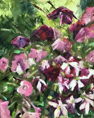 Картина под названием "Petunias in the Rain" - Sandra Haney, Подлинное произведение искусства, Масло Установлен на Деревянна…