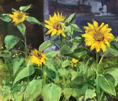 Pittura intitolato "Sunflowers & Shed" da Sandra Haney, Opera d'arte originale, Olio