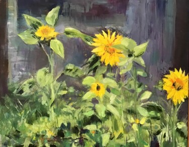 Painting titled "Sunflowers" by Sandra Haney, Original Artwork, Oil Mounted on Wood Stretcher frame