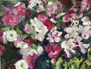 Картина под названием "Petunias" - Sandra Haney, Подлинное произведение искусства, Масло Установлен на Деревянная рама для н…